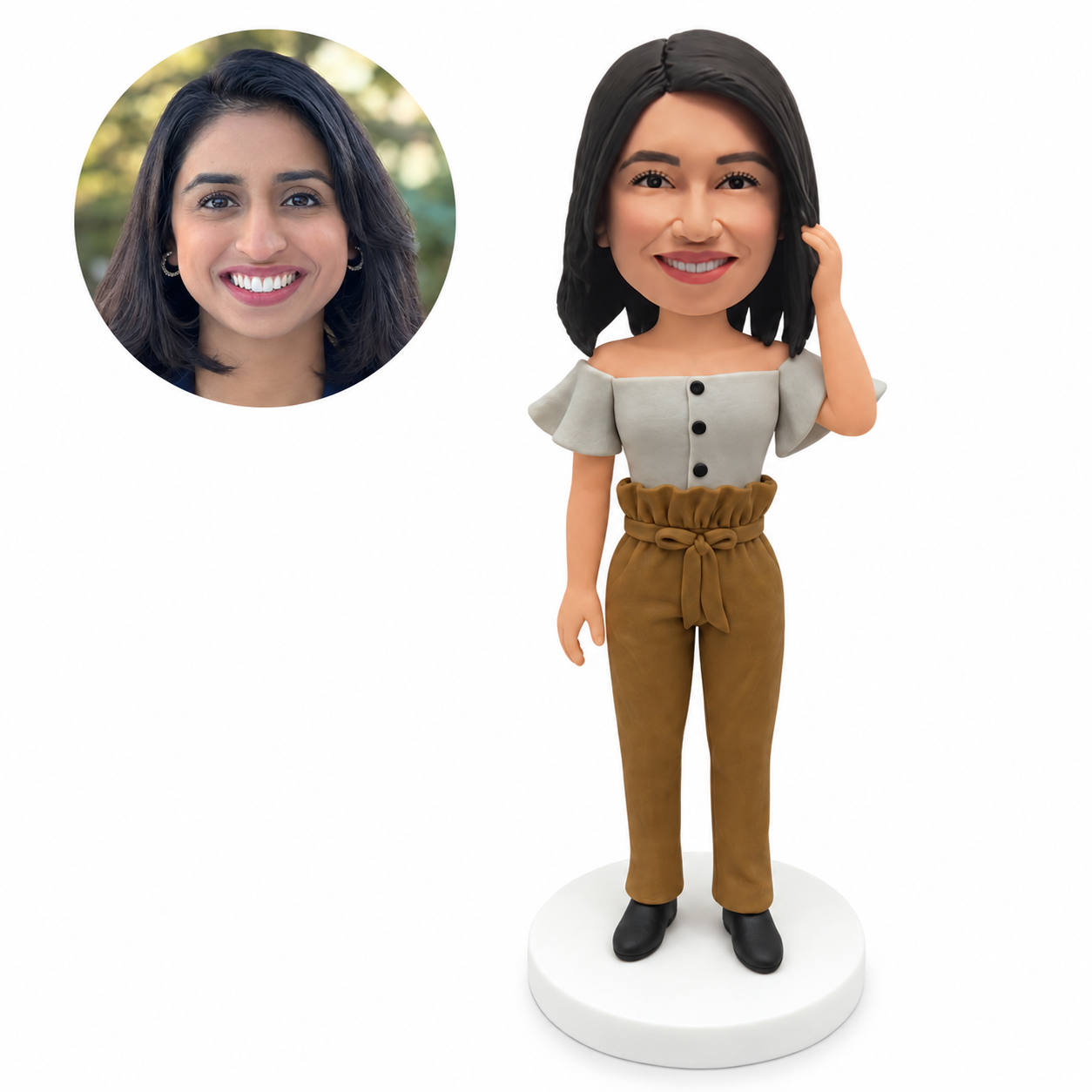 custom bobblehead figure woman in an off-shoulder button blouse and paperbag-waist trousers