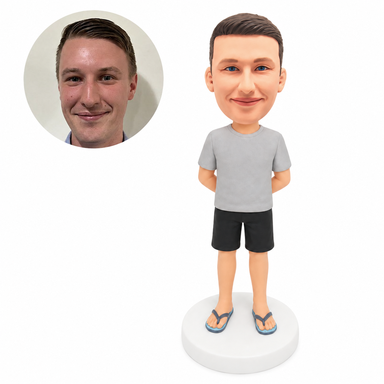 custom bobblehead figure man in a T-shirt and shorts with hands behind his back and flip-flops
