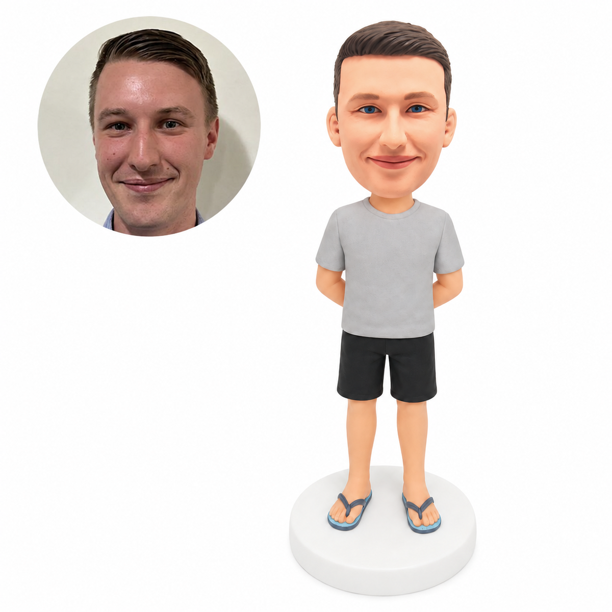 custom bobblehead figure man in a T-shirt and shorts with hands behind his back and flip-flops