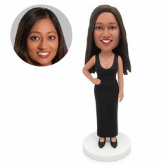 custom bobblehead figure woman in a wide-strap scoop-neck column gown with one hand on her hip