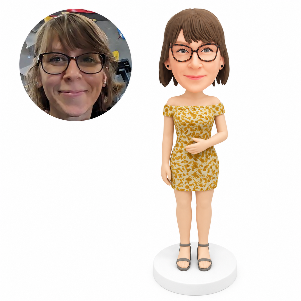 custom bobblehead figure woman in an off-shoulder fitted mini dress with one hand across her waist