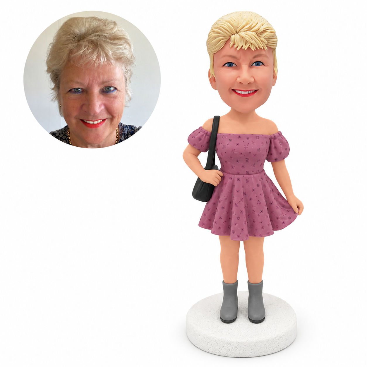 custom bobblehead figure woman in a puff-sleeve off-shoulder mini dress with a shoulder bag