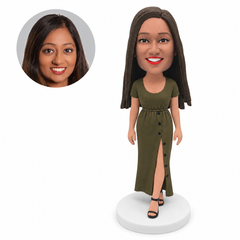 custom bobblehead figure woman in a short-sleeve button-front maxi dress with a front slit