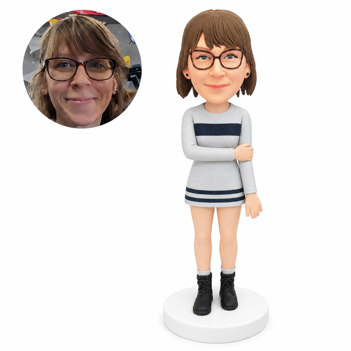 custom bobblehead figure woman in a sweater mini dress holding her opposite upper arm