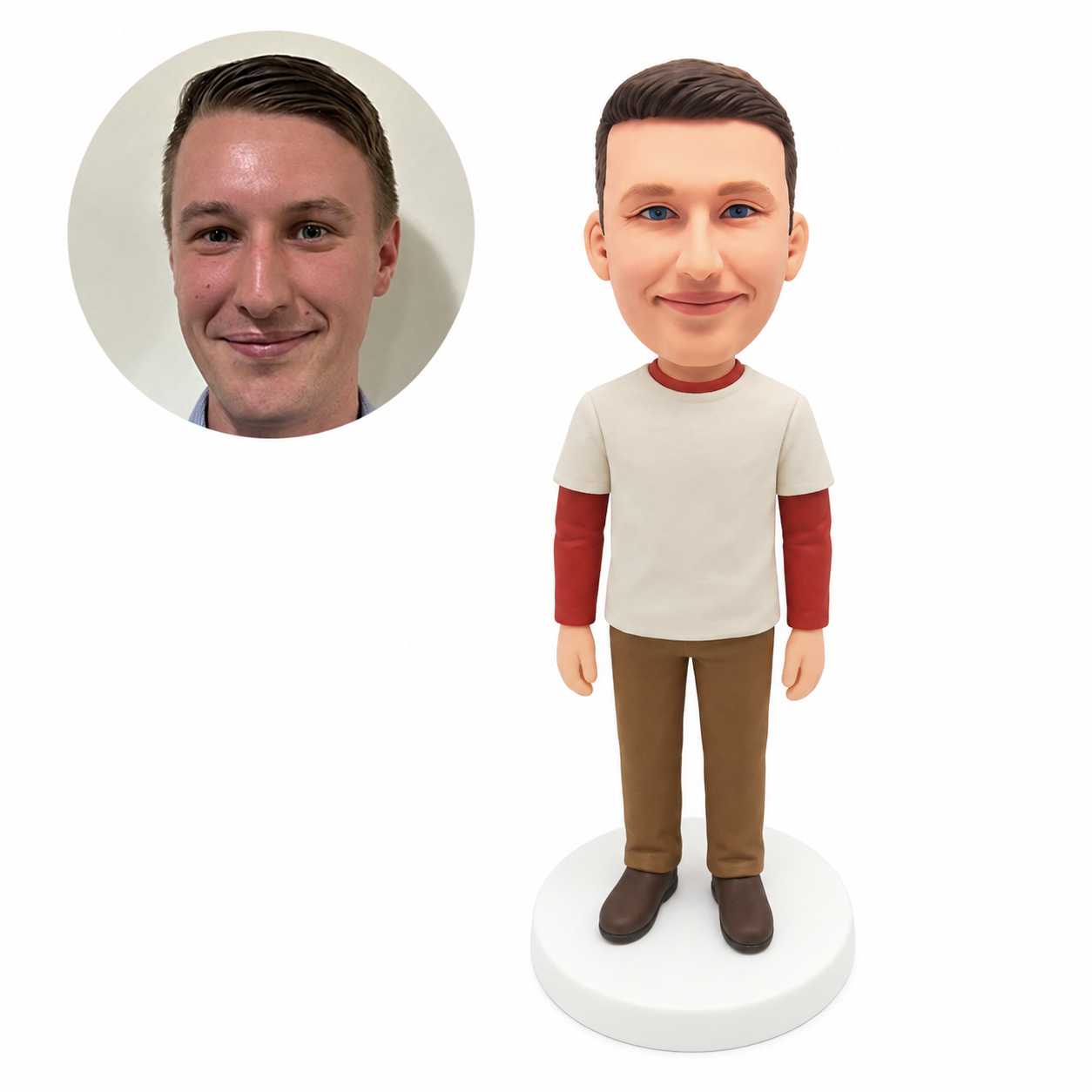 custom bobblehead figure man in a layered T-shirt and straight trousers
