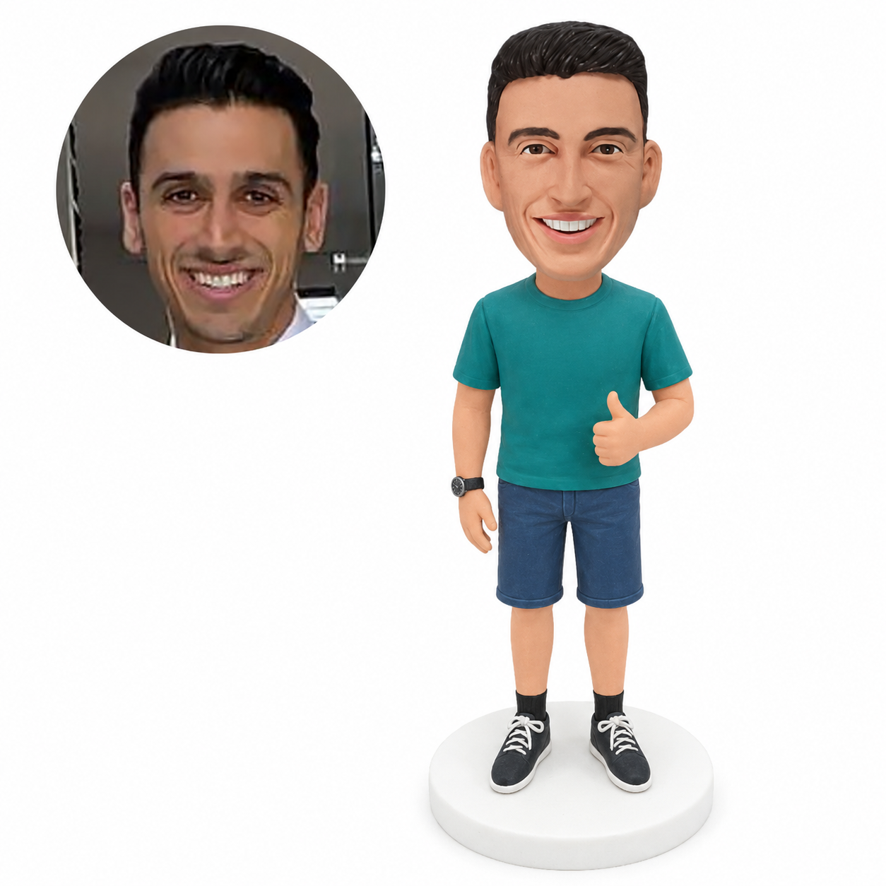 custom bobblehead figure man in a T-shirt and shorts giving a thumbs up