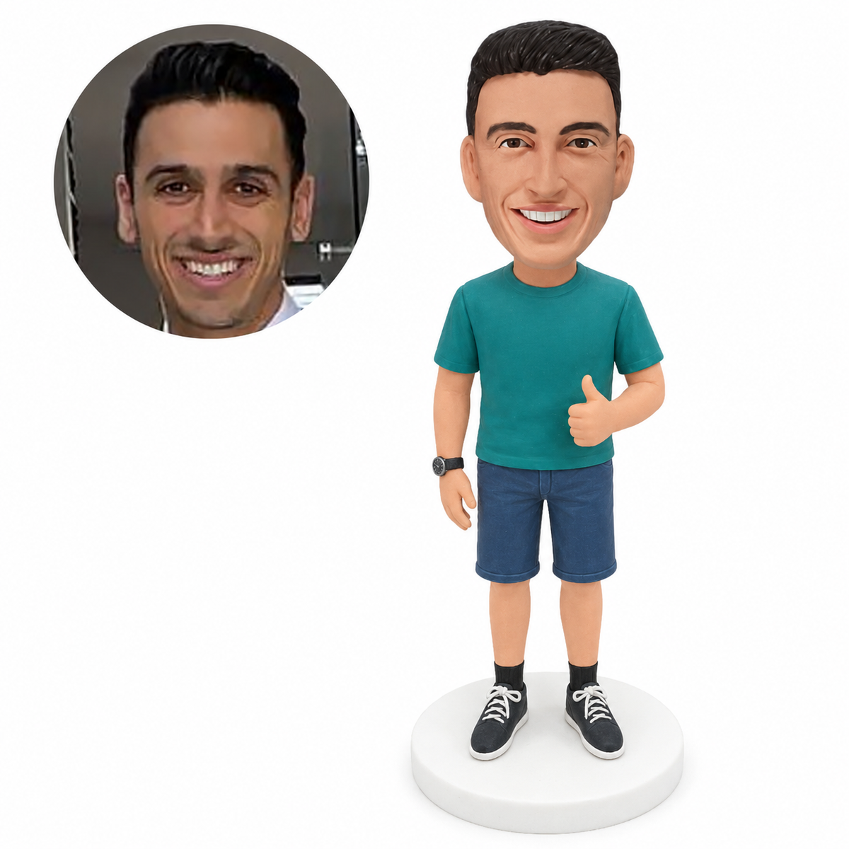 custom bobblehead figure man in a T-shirt and shorts giving a thumbs up