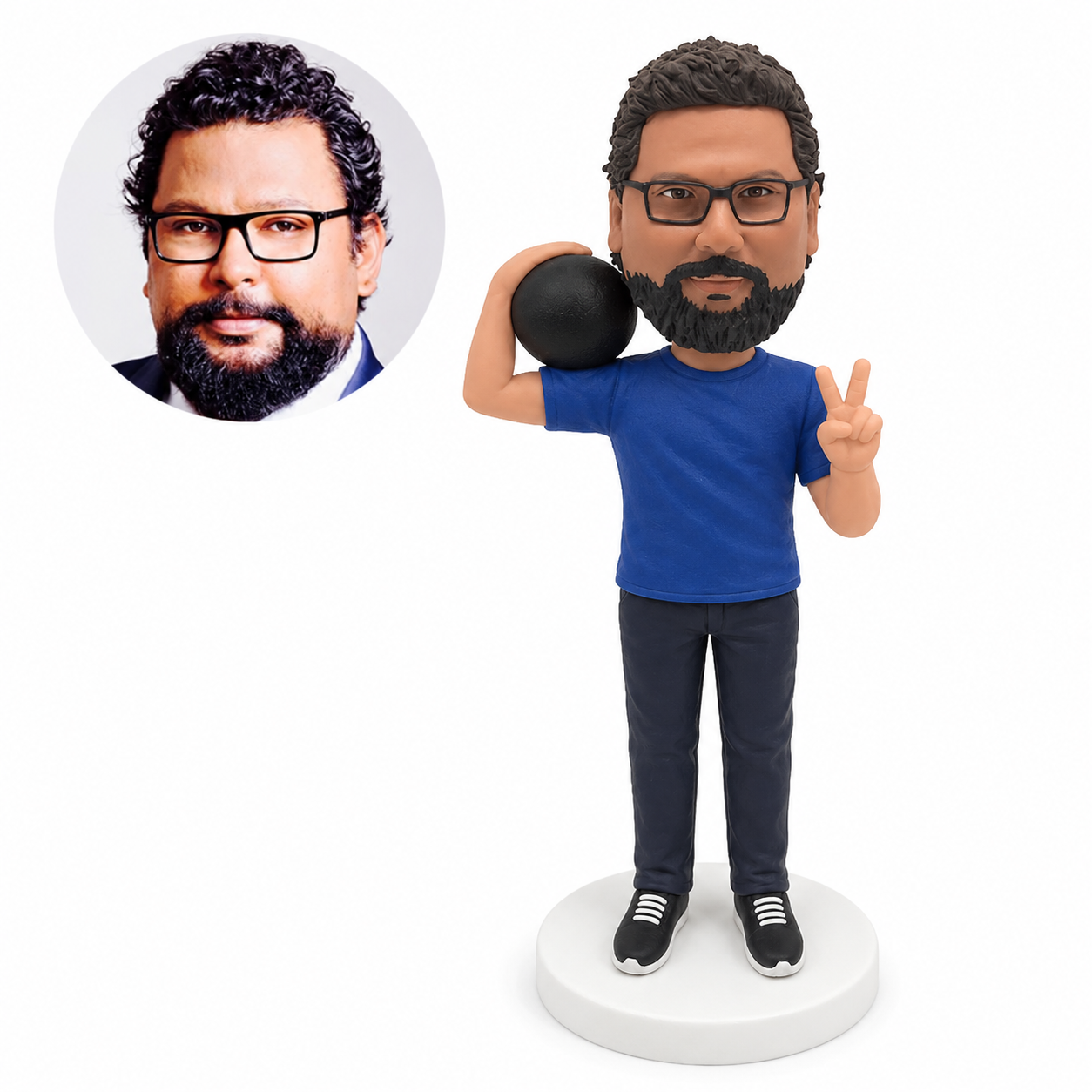 custom bobblehead figure man holding a ball over one shoulder and making a peace sign