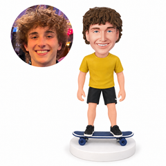 custom bobblehead figure man standing on a skateboard with both arms down