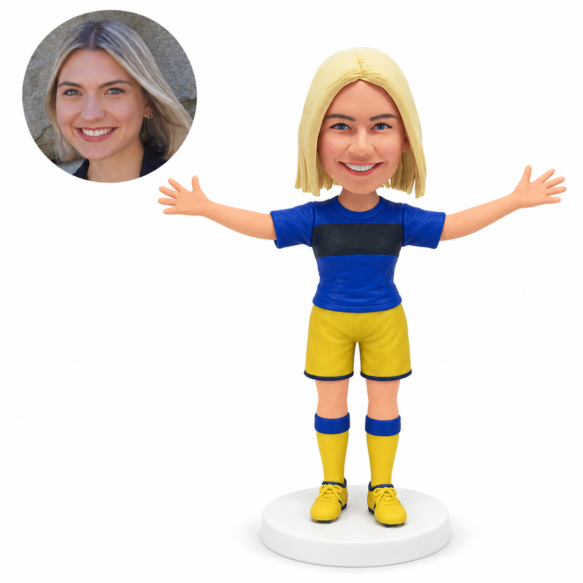 custom bobblehead figure female soccer player celebrating with both arms outstretched