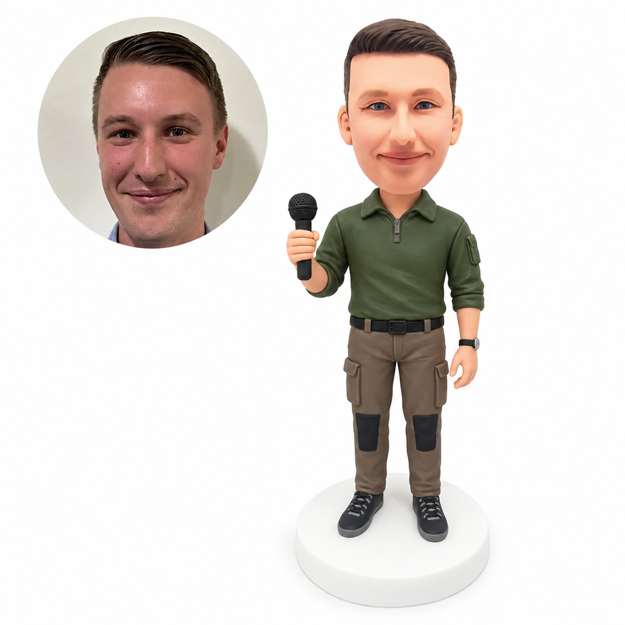 custom bobblehead figure man in a rolled-sleeve top and cargo trousers holding a microphone
