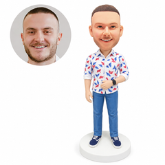 custom bobblehead figure man in a floral shirt and jeans with one hand at his waist