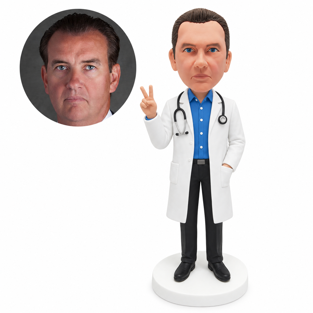 custom bobblehead figure male doctor in a white coat making a peace sign