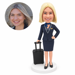 custom bobblehead figure female flight attendant in a skirt suit with a rolling suitcase