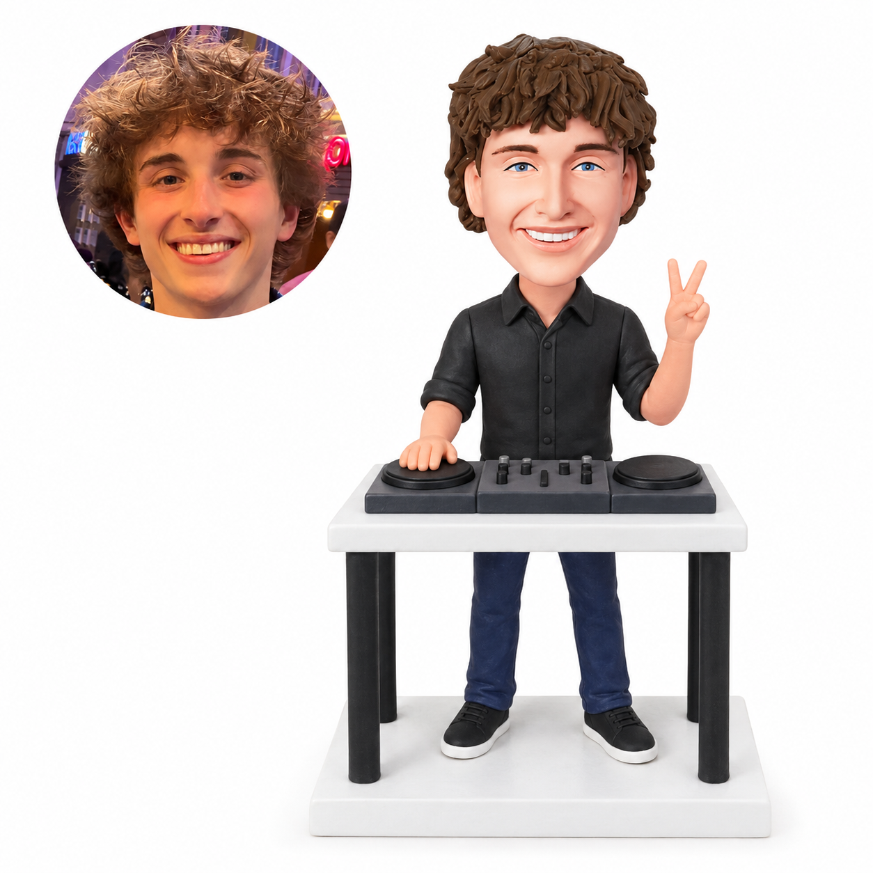 custom bobblehead figure male DJ making a peace sign behind a mixing table