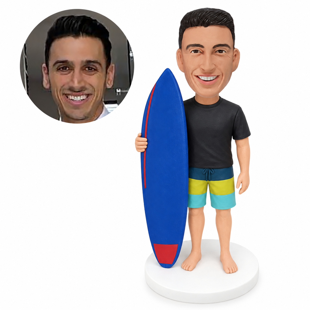 custom bobblehead figure surfer in a black T-shirt and board shorts holding a tall surfboard
