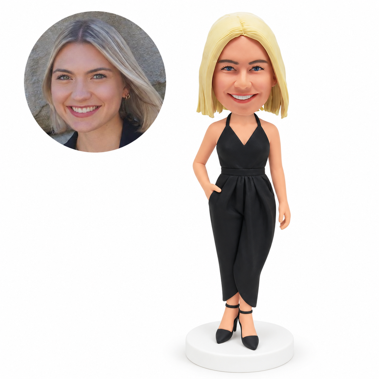 custom bobblehead figure woman in a black halter-neck jumpsuit with crossed ankles