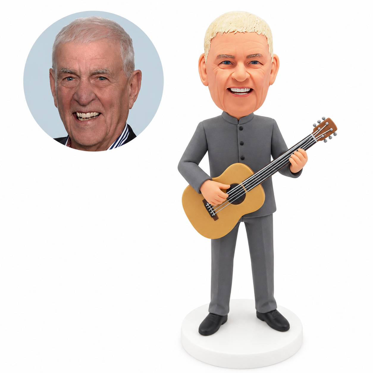 custom bobblehead figure man in a gray mandarin-collar suit playing an acoustic guitar
