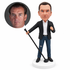 custom bobblehead figure male singer in a blazer and jeans holding a microphone and stand