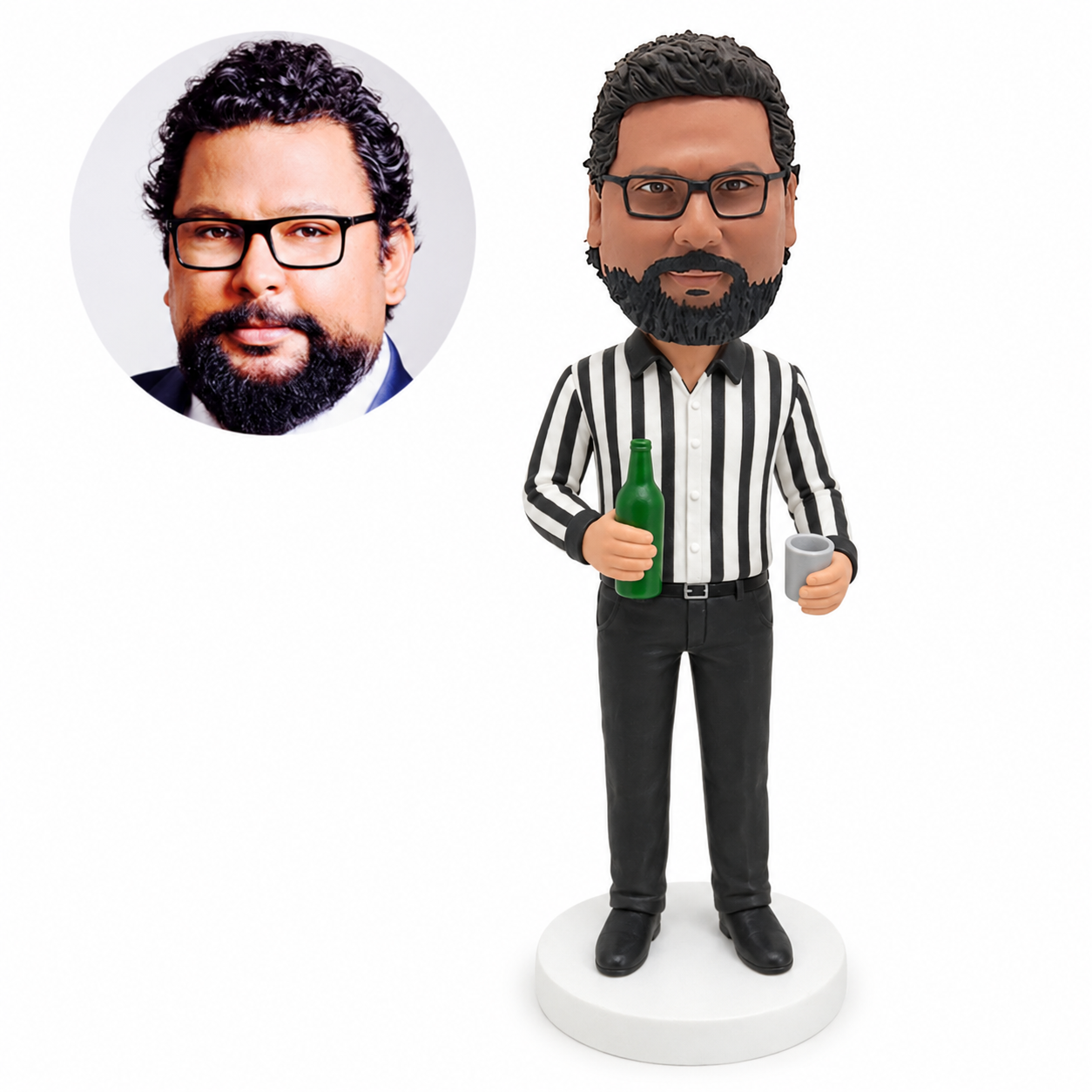 custom bobblehead figure man in a striped shirt holding a beer bottle and cup