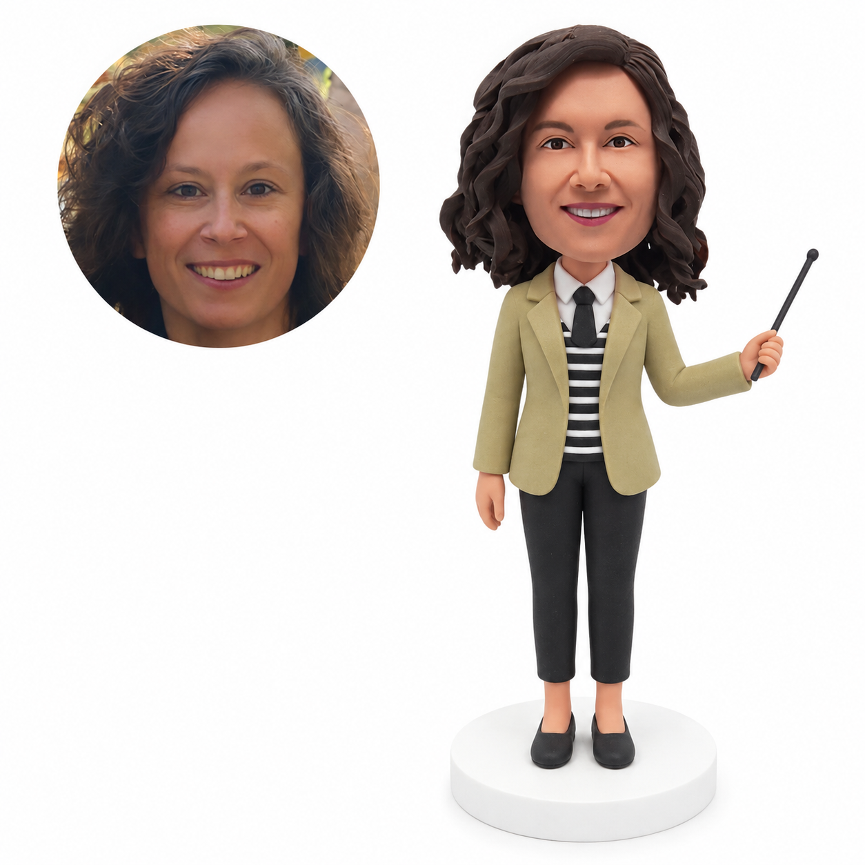 custom bobblehead figure female teacher in a blazer and cropped trousers holding a pointer