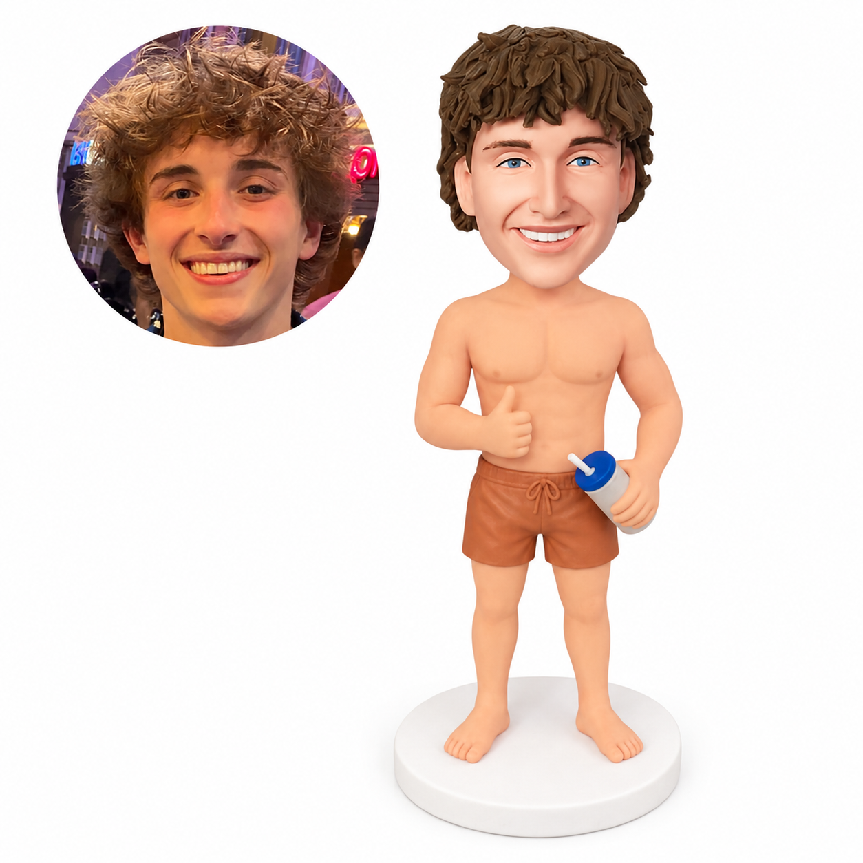 custom bobblehead figure shirtless man in swim shorts holding a drink and giving a thumbs up