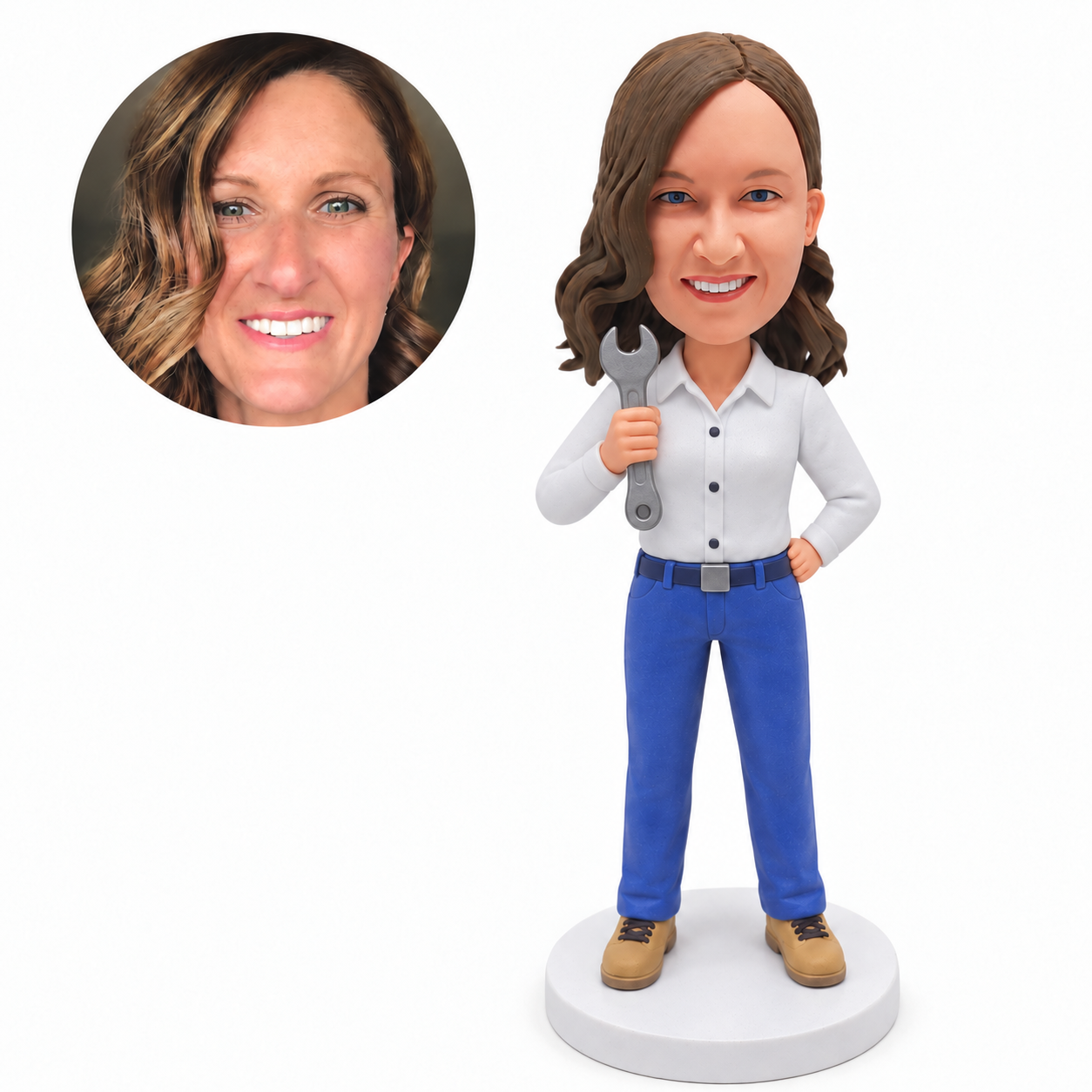 custom bobblehead figure female mechanic holding a large wrench with one hand on her hip