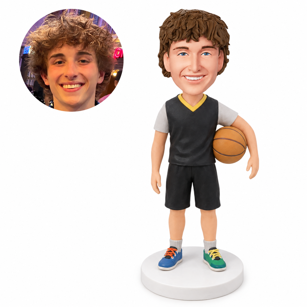 custom bobblehead figure basketball fan in a vest over a T-shirt with a ball tucked under one arm