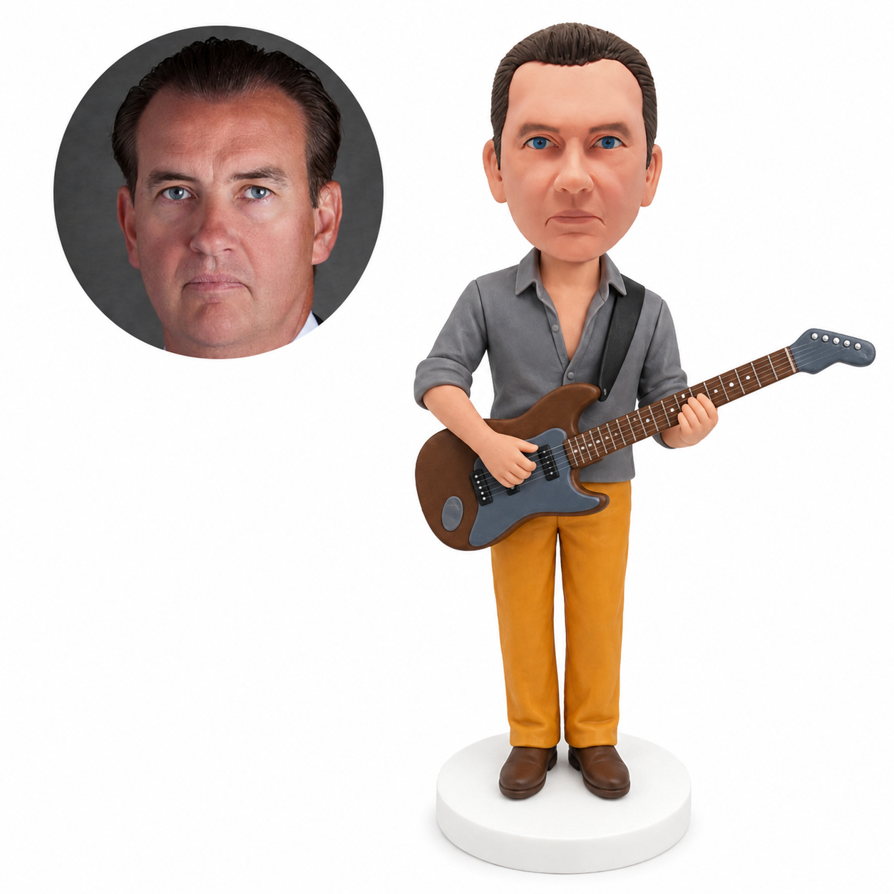custom bobblehead figure guitarist in an open-collar shirt and trousers playing an electric guitar