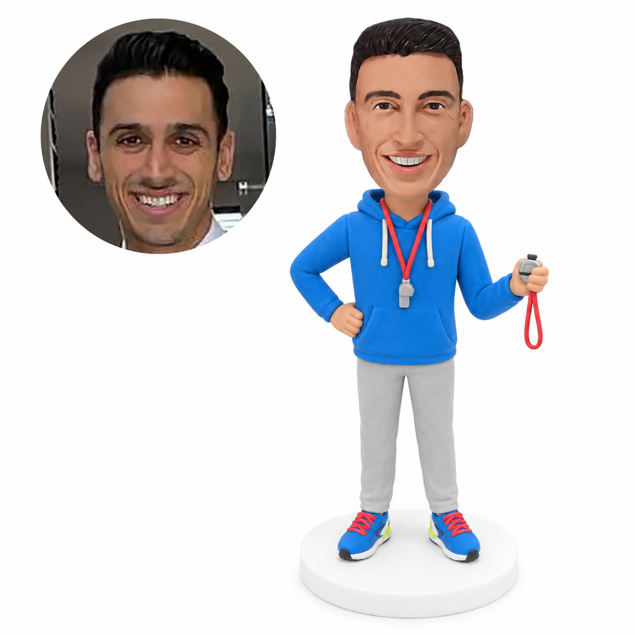 custom bobblehead figure coach in a hoodie holding a stopwatch with one hand on his hip