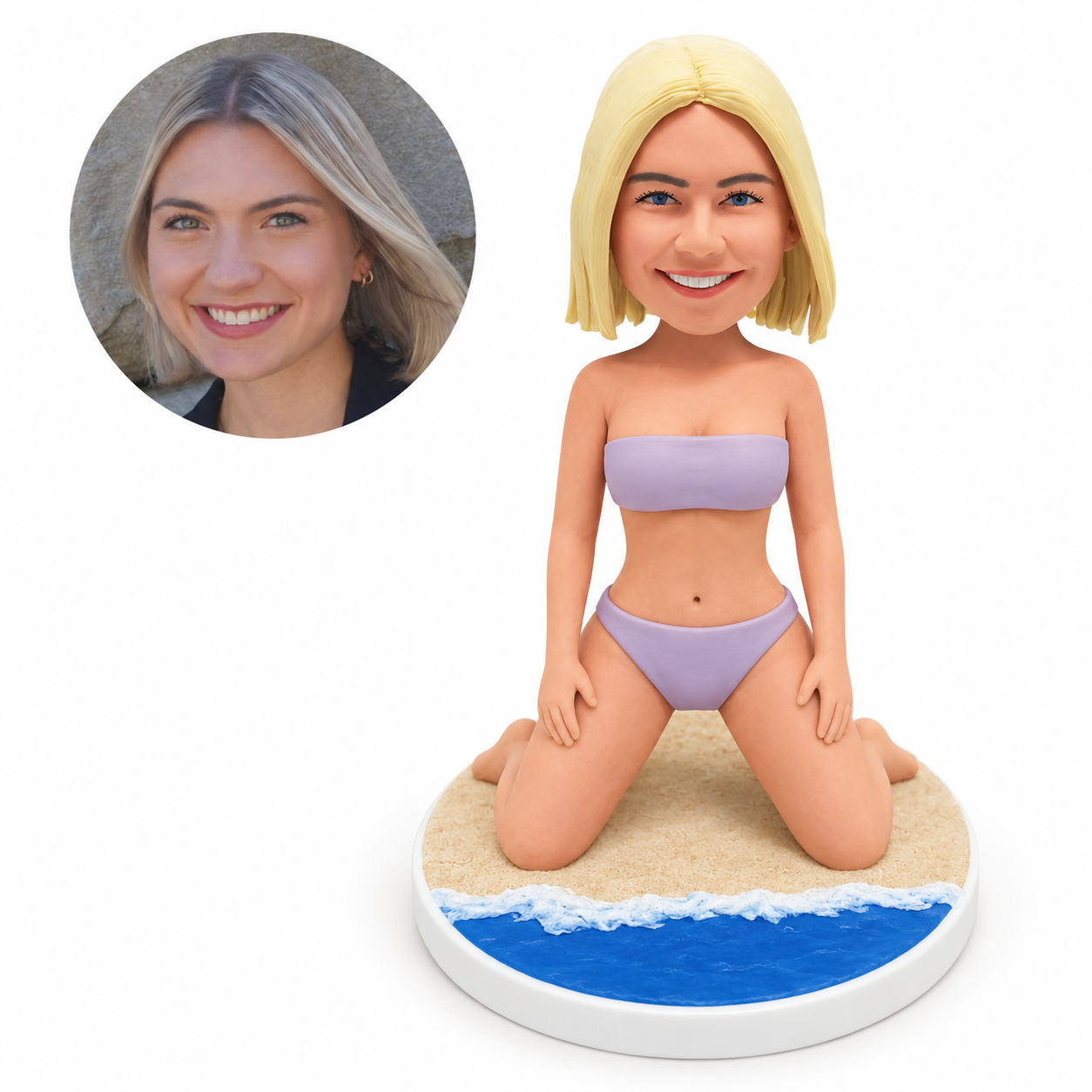 custom bobblehead figure woman in a two-piece swimsuit kneeling on a beach scene
