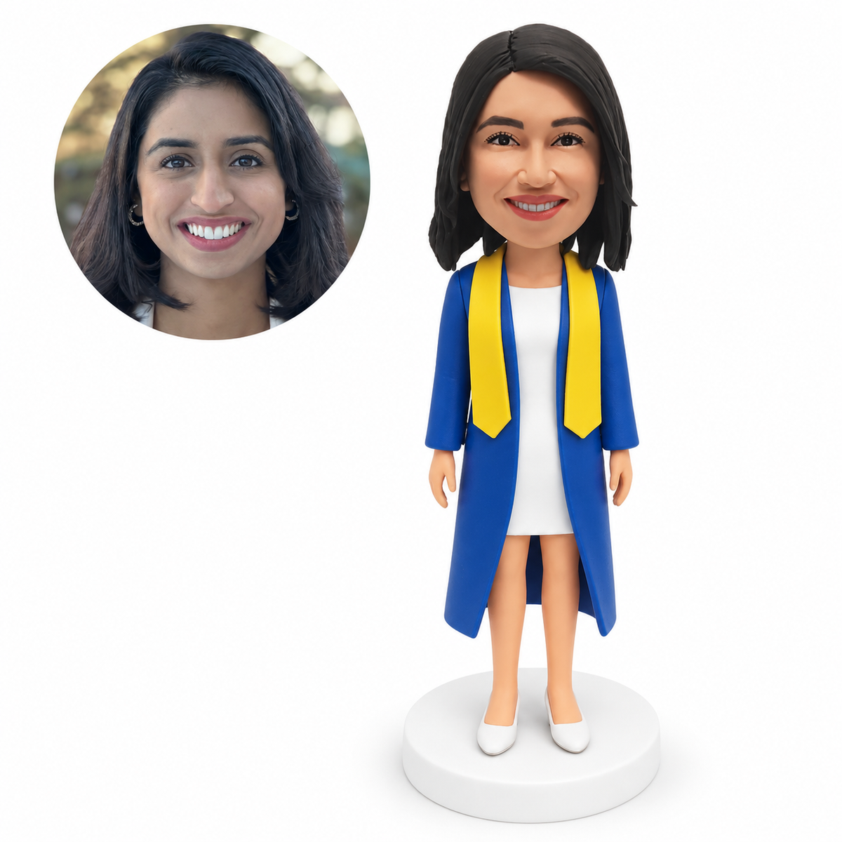 custom bobblehead figure female graduate in an open academic gown over a short dress with both arms down