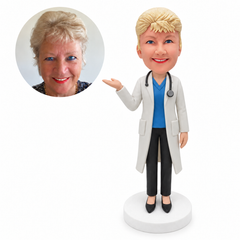 custom bobblehead figure female doctor in a long lab coat with one open palm raised