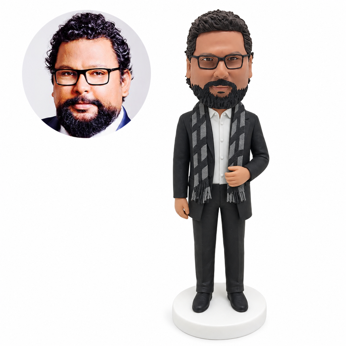 custom bobblehead figure man in a suit with a long scarf and one hand touching the scarf