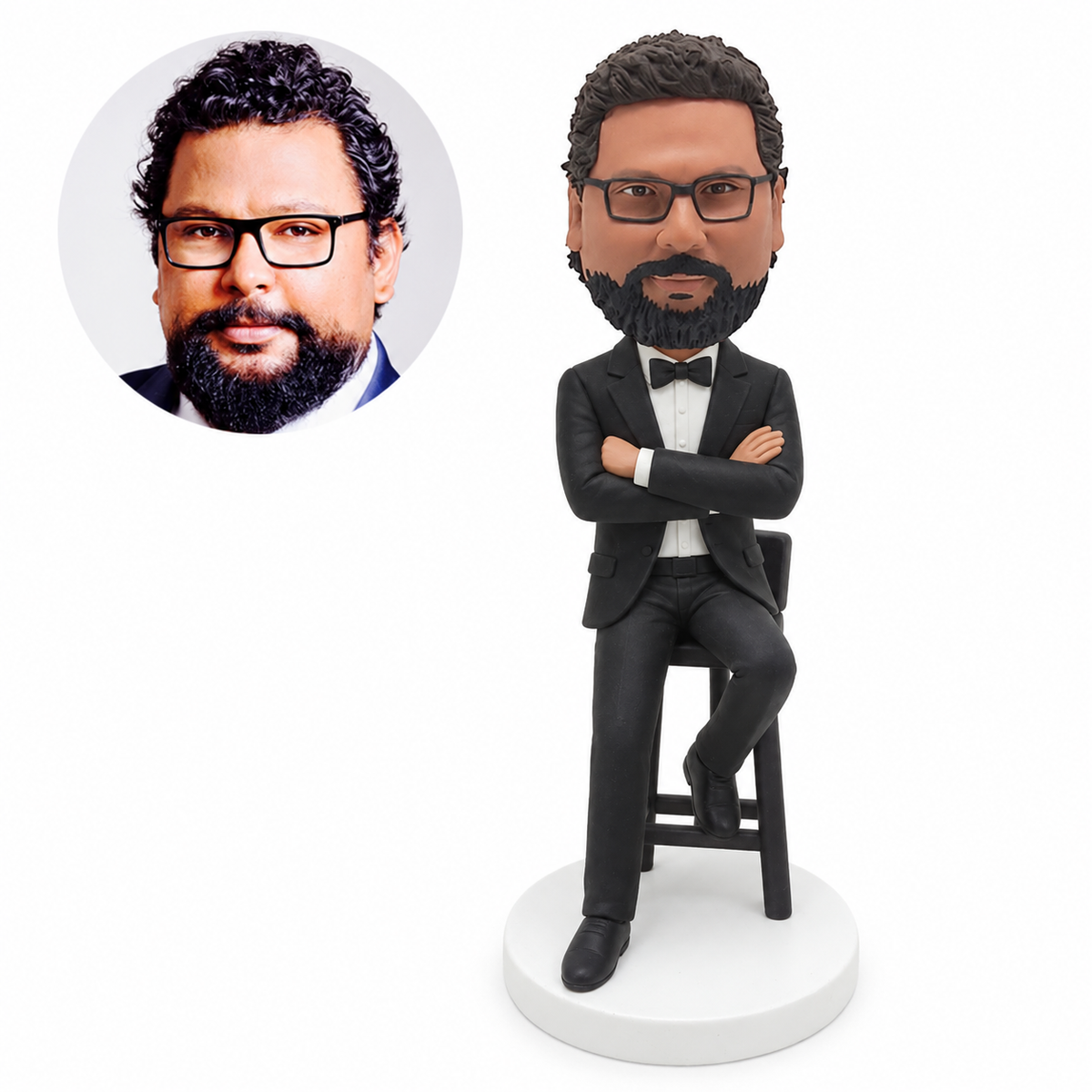 custom bobblehead figure man in a tuxedo sitting on a high stool with folded arms
