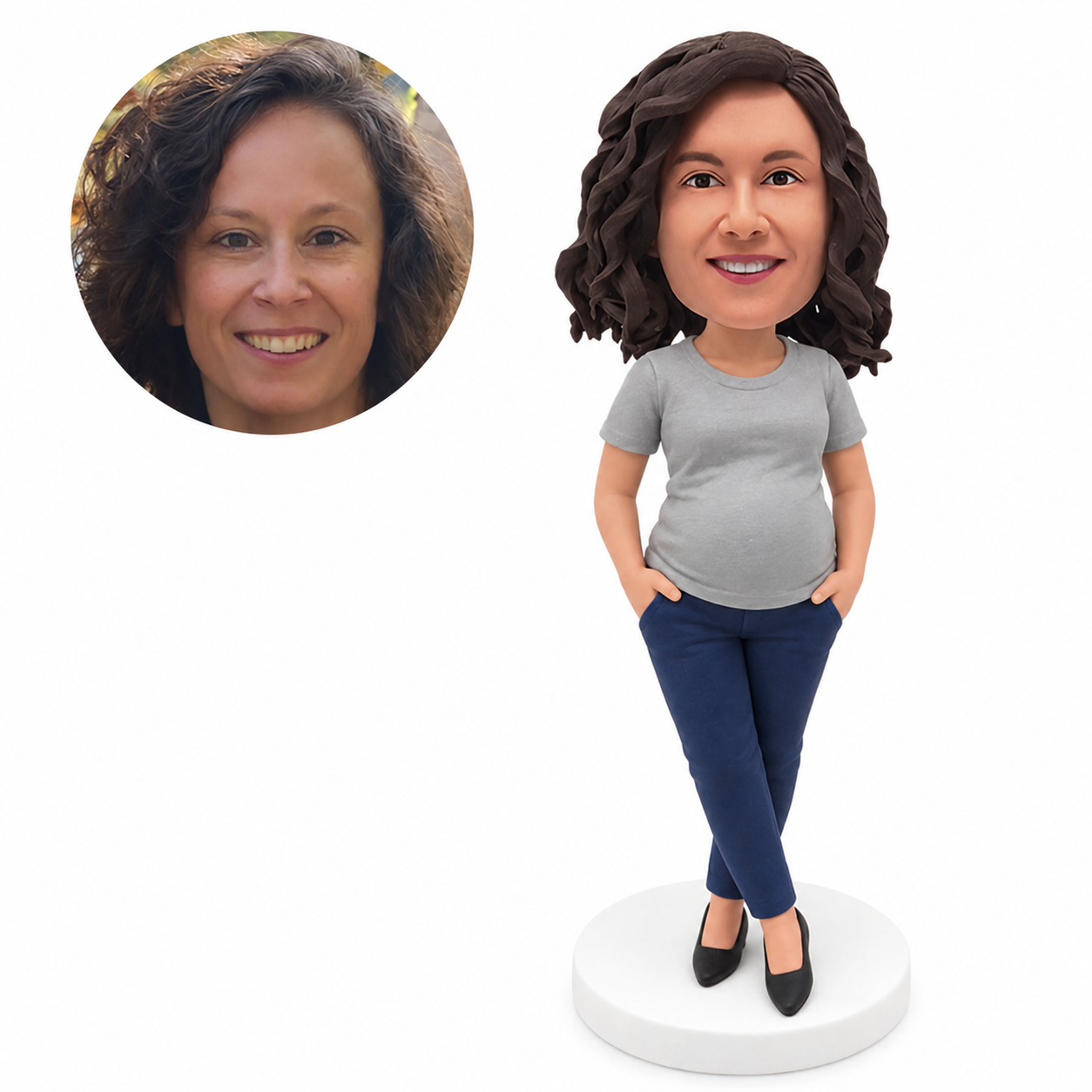 custom bobblehead figure pregnant woman in a T-shirt with her hands in her pockets and crossed ankles