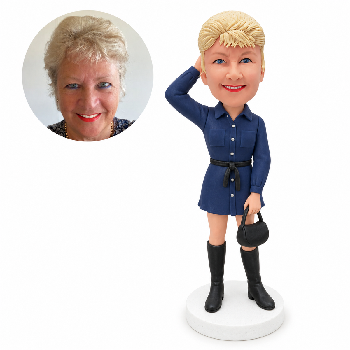 custom bobblehead figure woman in a shirt dress and tall boots with one hand behind her head and a handbag