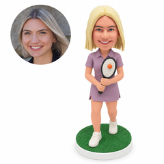 custom bobblehead figure female tennis player in a short-sleeve polo dress holding a racket