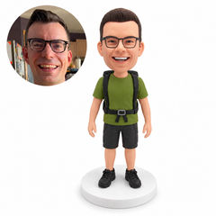 custom bobblehead figure hiker in a T-shirt and shorts wearing a backpack