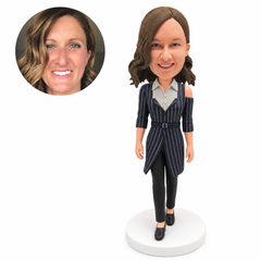 custom bobblehead figure woman in a cold-shoulder layered long tunic and trousers