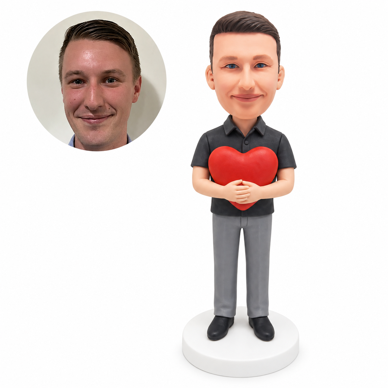 custom bobblehead figure man in a short-sleeve collared shirt holding a heart