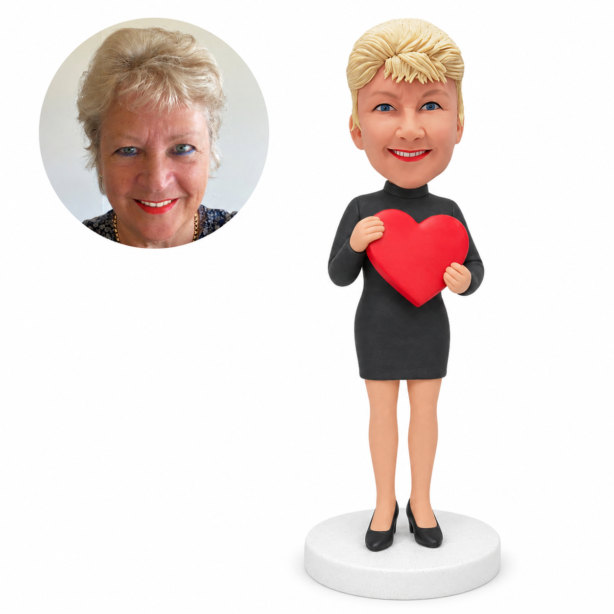 custom bobblehead figure woman in a long-sleeve dress holding a heart