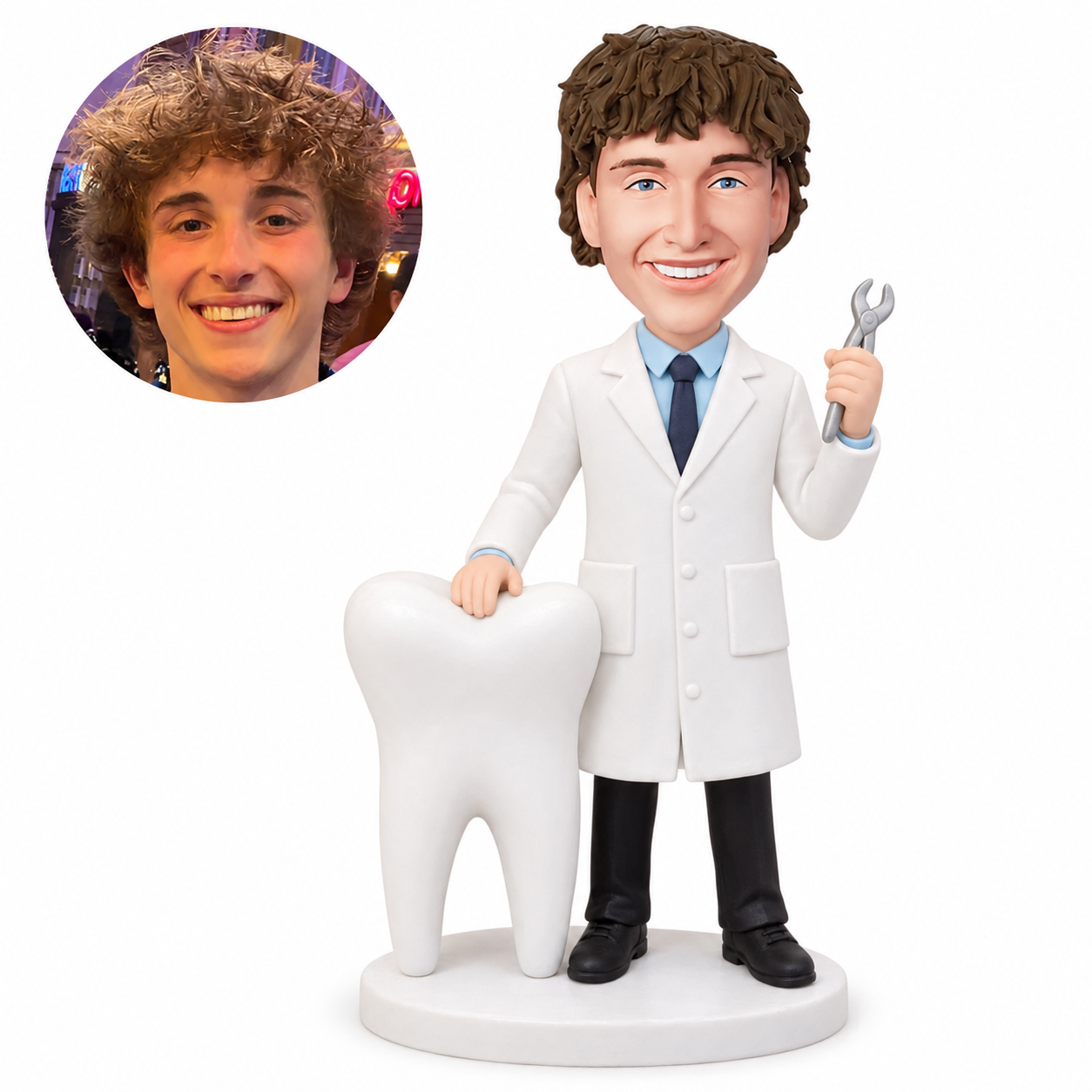 custom bobblehead figure male dentist standing beside a giant tooth model holding dental forceps