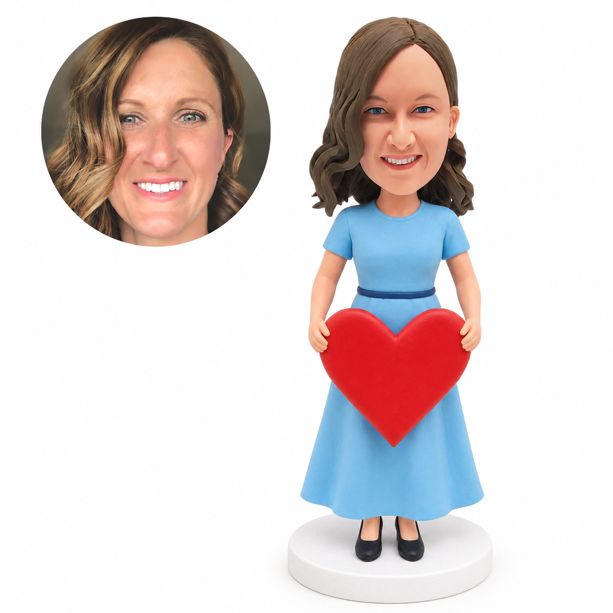 custom bobblehead figure woman in a long short-sleeve dress holding a heart