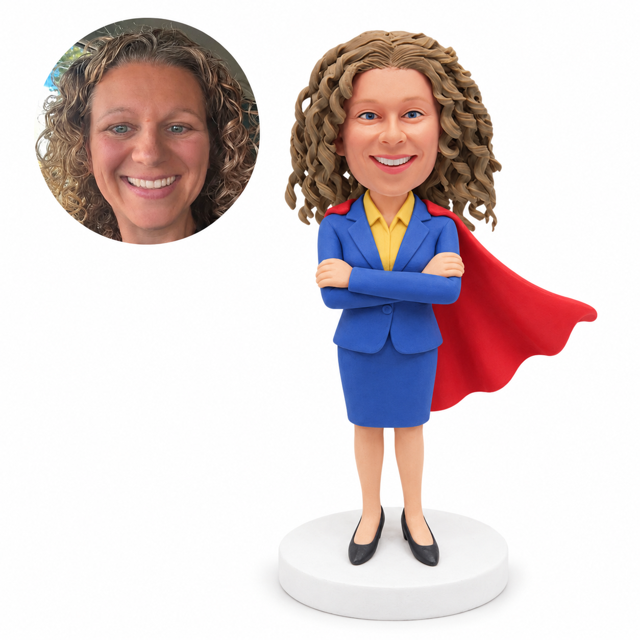 custom bobblehead figure woman in a skirt suit and cape standing with her arms crossed