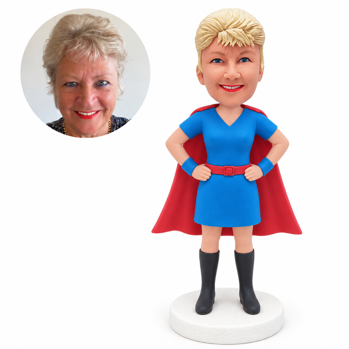 custom bobblehead figure woman in a short-sleeve hero dress and cape with both hands on her hips
