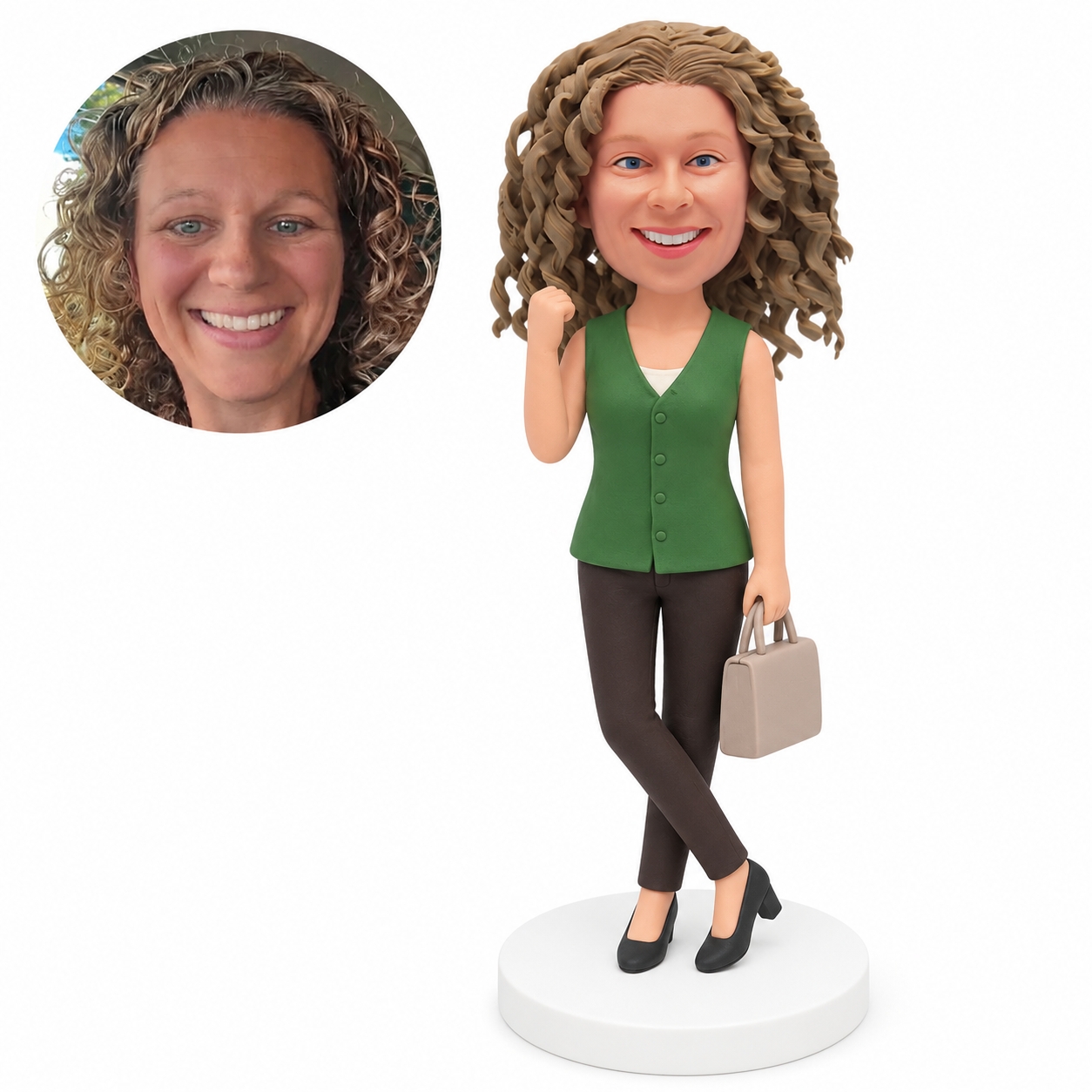 custom bobblehead figure woman in a sleeveless blouse holding a handbag with crossed legs and one fist raised