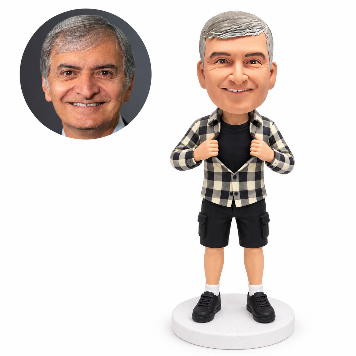 custom bobblehead figure man in cargo shorts pulling open his shirt