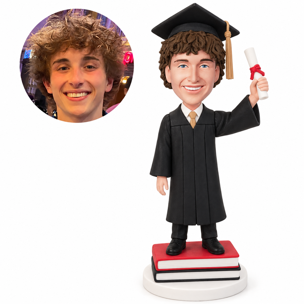 custom bobblehead figure male graduate standing on stacked books and raising a rolled diploma