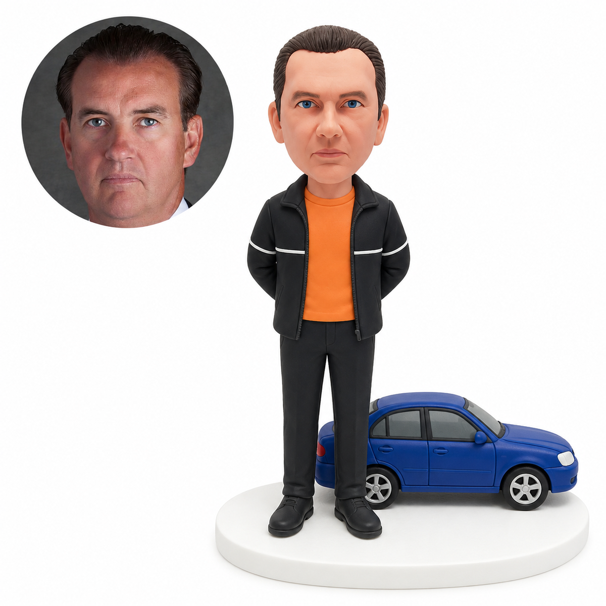 custom bobblehead figure man in a jacket standing beside a sedan with his hands behind his back